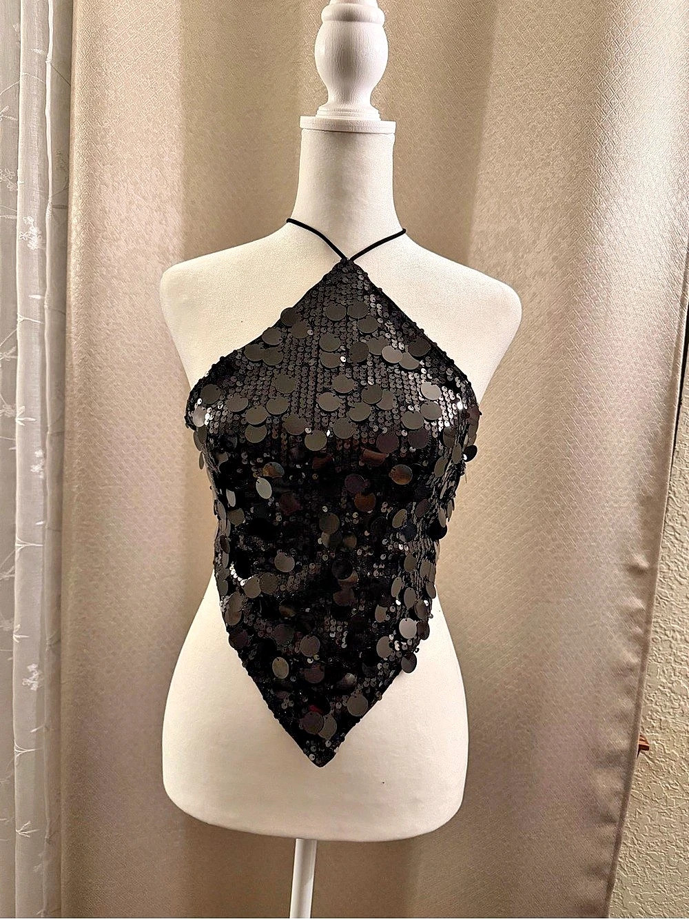 New York Nights Black Sequin Halter Handkerchief Top
